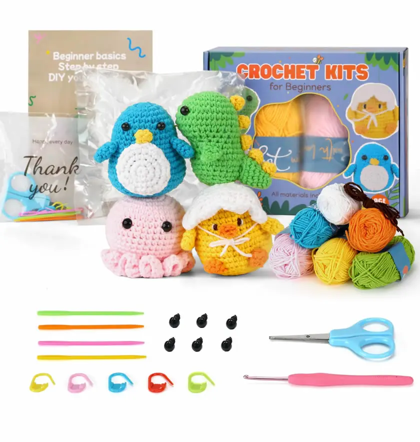 Complete beginner crochet kit with tools, yarn, and instructions for easy learning.