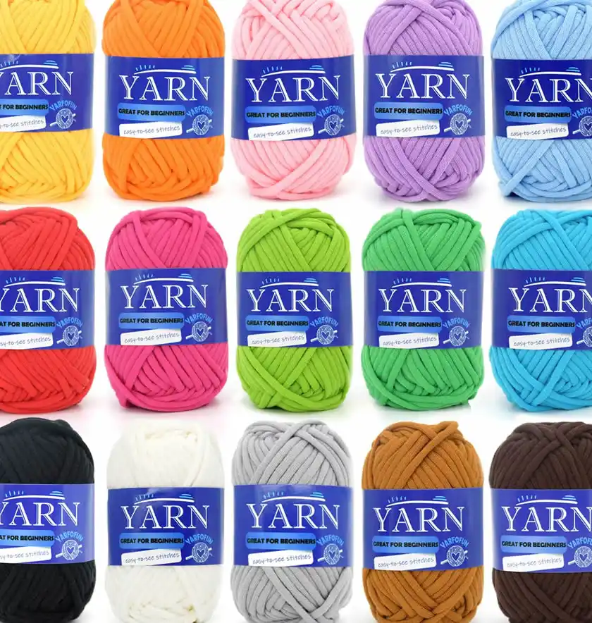 Starter crochet kit with thick yarn, ideal for beginners making plush toys and cute figures.
